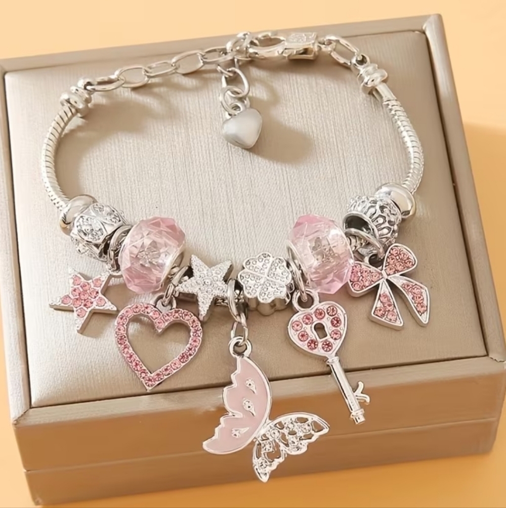Silver & Pink Charm/Pendants, Stainleass Steel Bracelet.